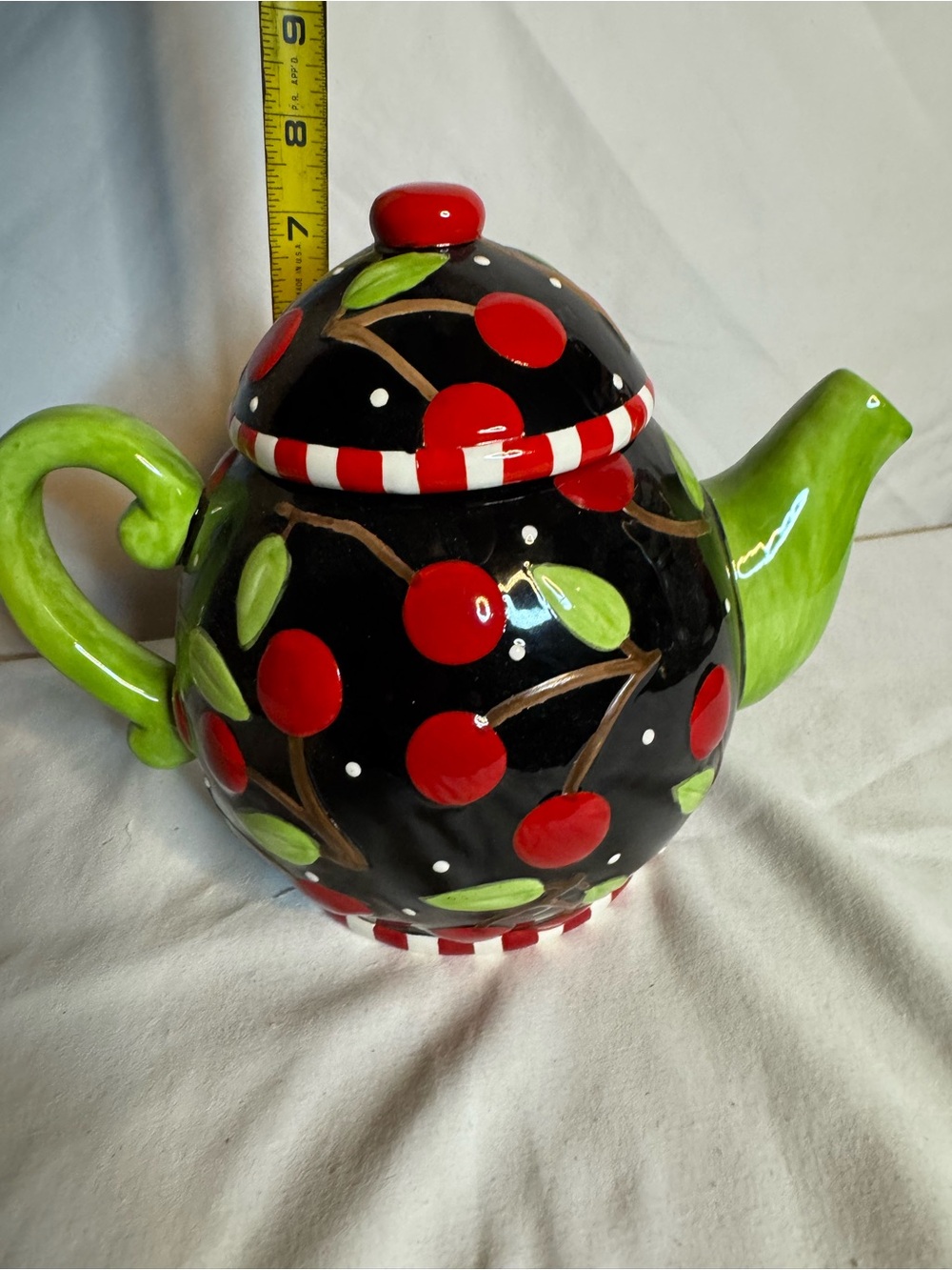 vintage 1995 Mary Engelbreit "Cherries and Polka Dots" ceramic teapot manufactur